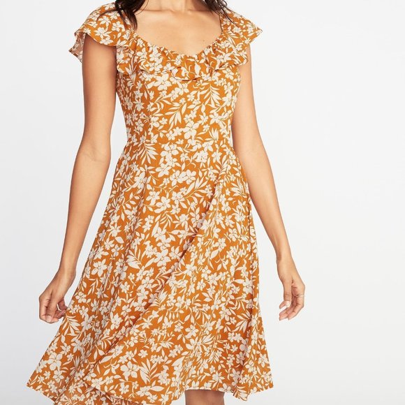 Old Navy Yellow Floral Flare Ruffle Trim Dress - Picture 2 of 8